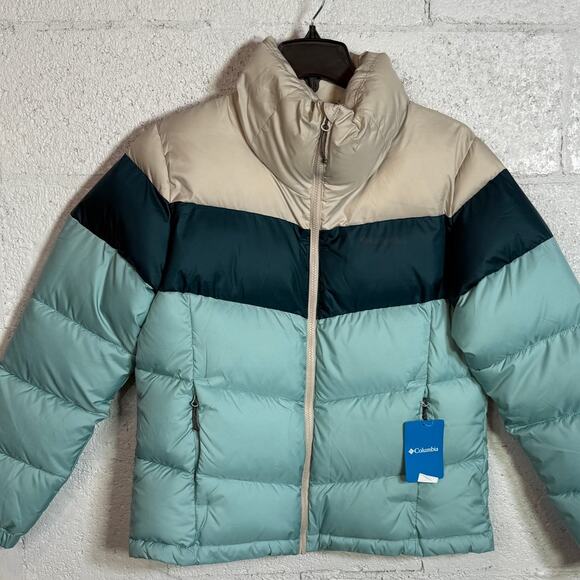 COLUMBIA Women's Puffect Colorblocked JCoat-aqua haze/nightXL $180